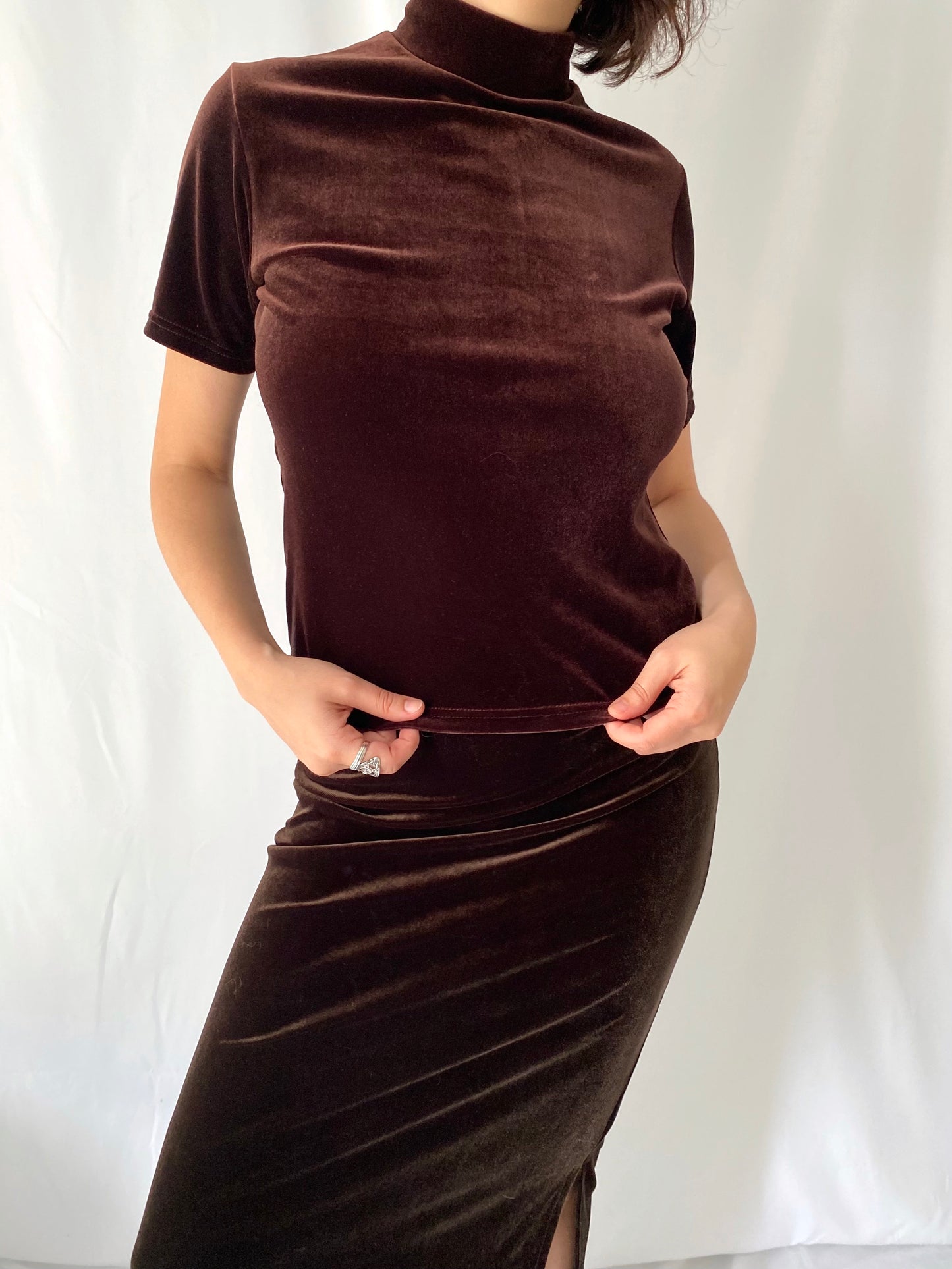 90s vintage brown velour pullover tee shirt long skirt matching set – small, medium | retro mock neck short sleeved coord set