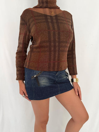 90s vintage brown metallic knit turtleneck sheer sweater blouse – small, medium | unique plaid shimmer funky collared top