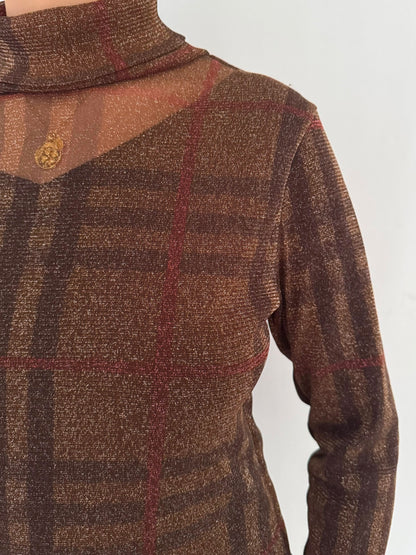 90s vintage brown metallic knit turtleneck sheer sweater blouse – small, medium | unique plaid shimmer funky collared top