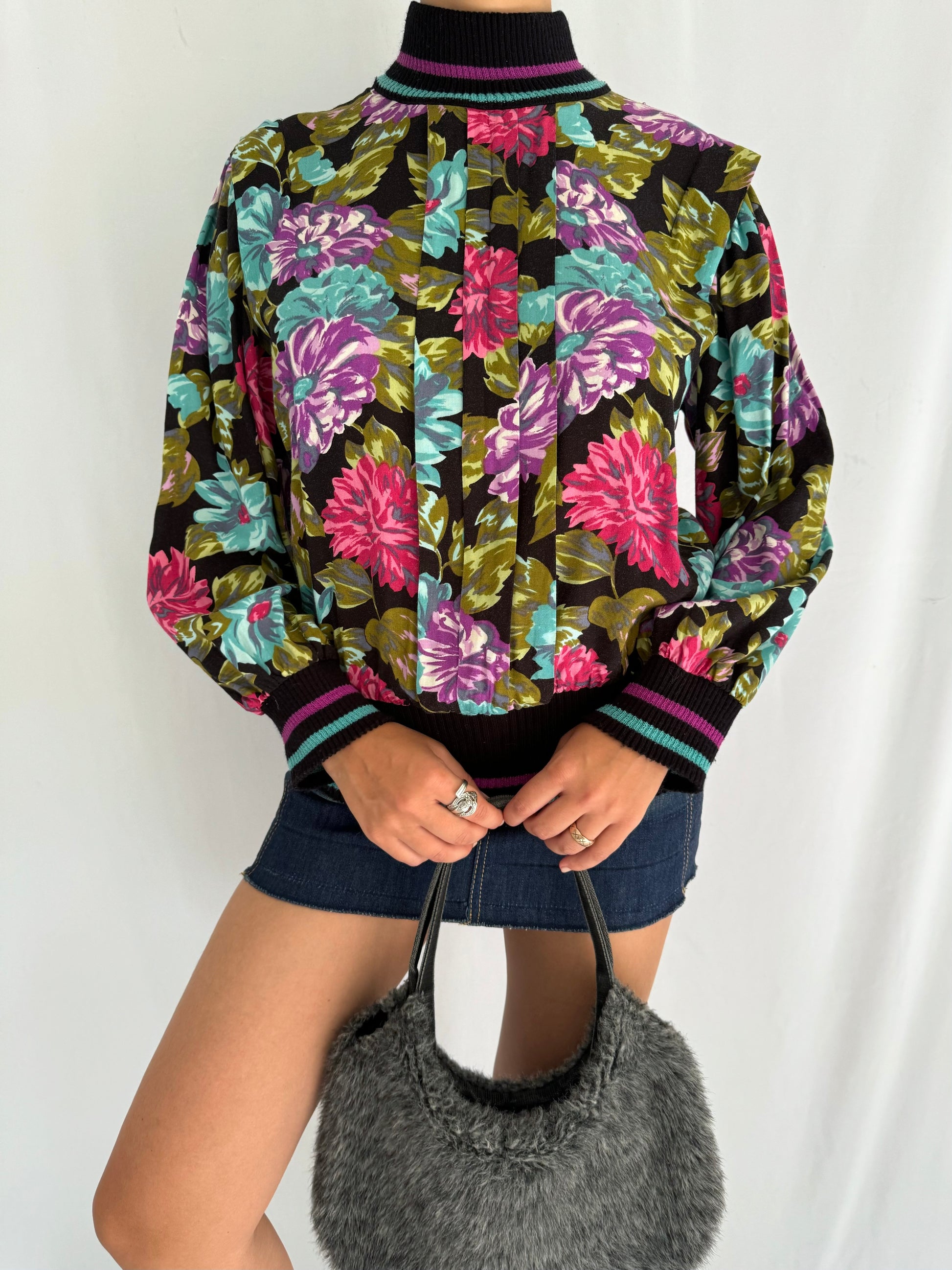80s vintage multicolor floral striped turtleneck sweater