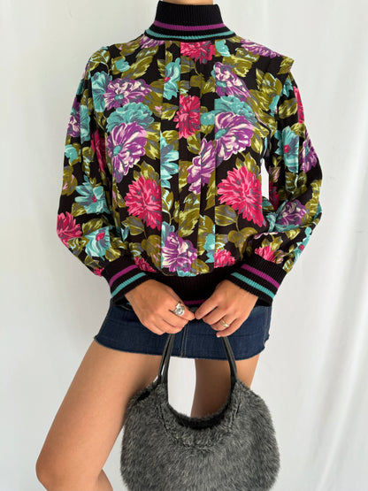 80s vintage multicolor floral striped turtleneck sweater