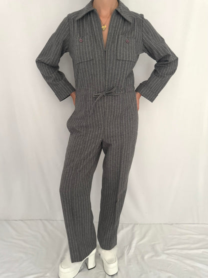 70s vintage grey pinstripe wool long sleeved pant jumpsuit – small, medium | tailored zip up collared one piece pantsuit