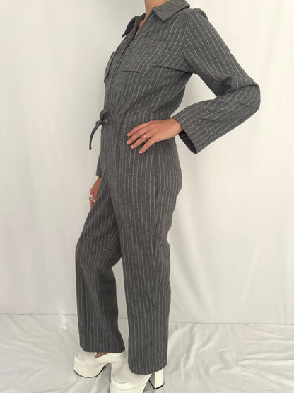 70s vintage grey pinstripe wool long sleeved pant jumpsuit – small, medium | tailored zip up collared one piece pantsuit