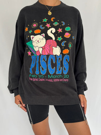 90s vintage black pisces zodiac sign horoscope graphic pullover sweatshirt 
