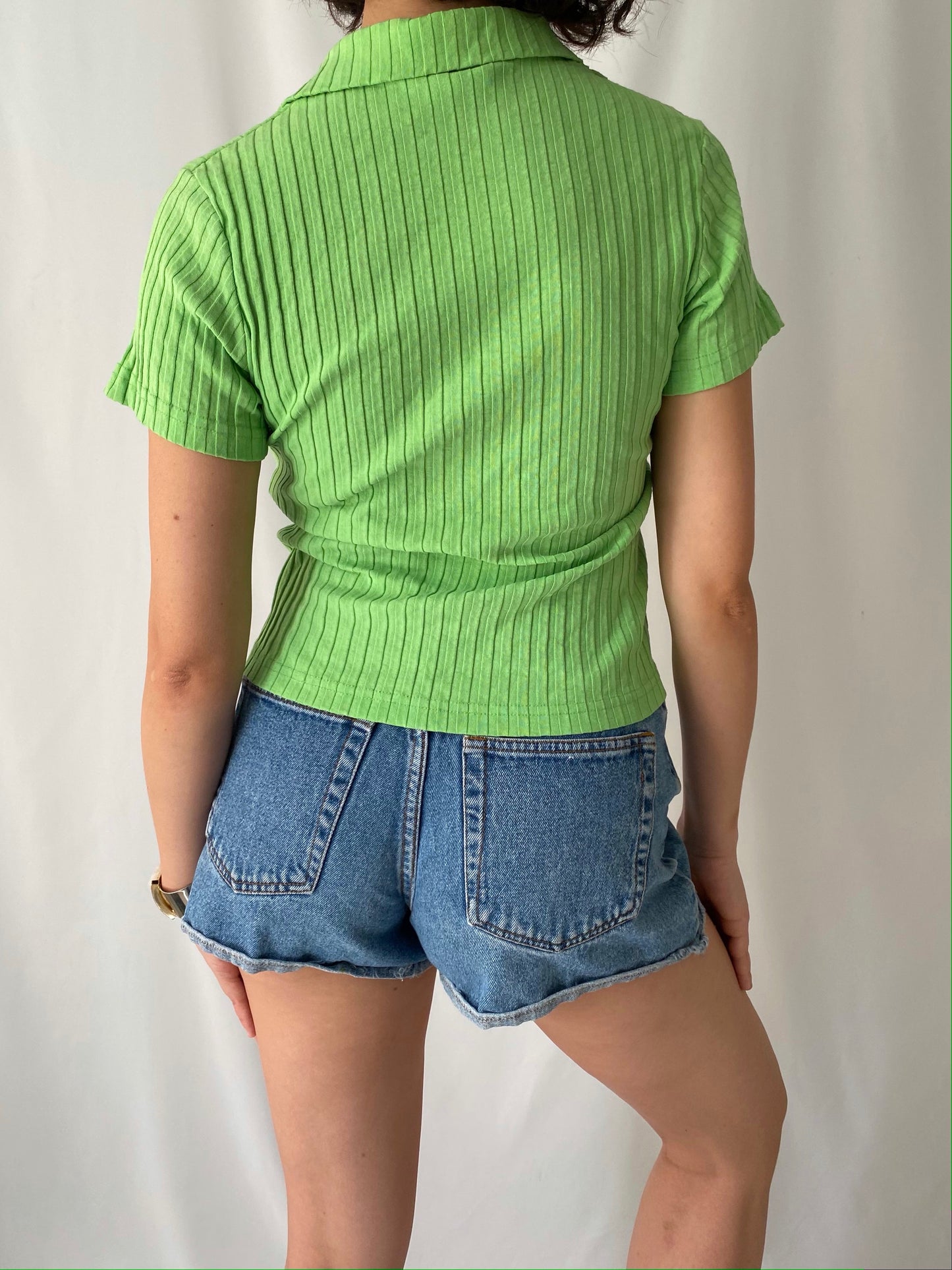 90s y2k vintage green ribbed short sleeved crop top – extra small, small | bright neon collared fun bratz shirt