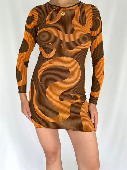 paloma wool orange brown swirl abstract hielo dress – medium | stretchy ribbed bodycon mini dress