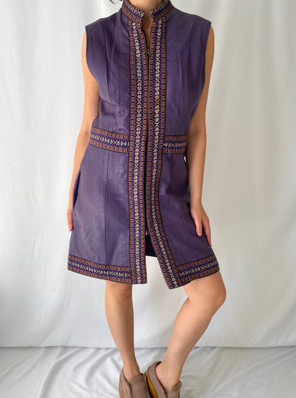 60s vintage purple embroidered leather sleeveless midi dress - medium, large | hippy groovy mod bohemian gogo zipper vest