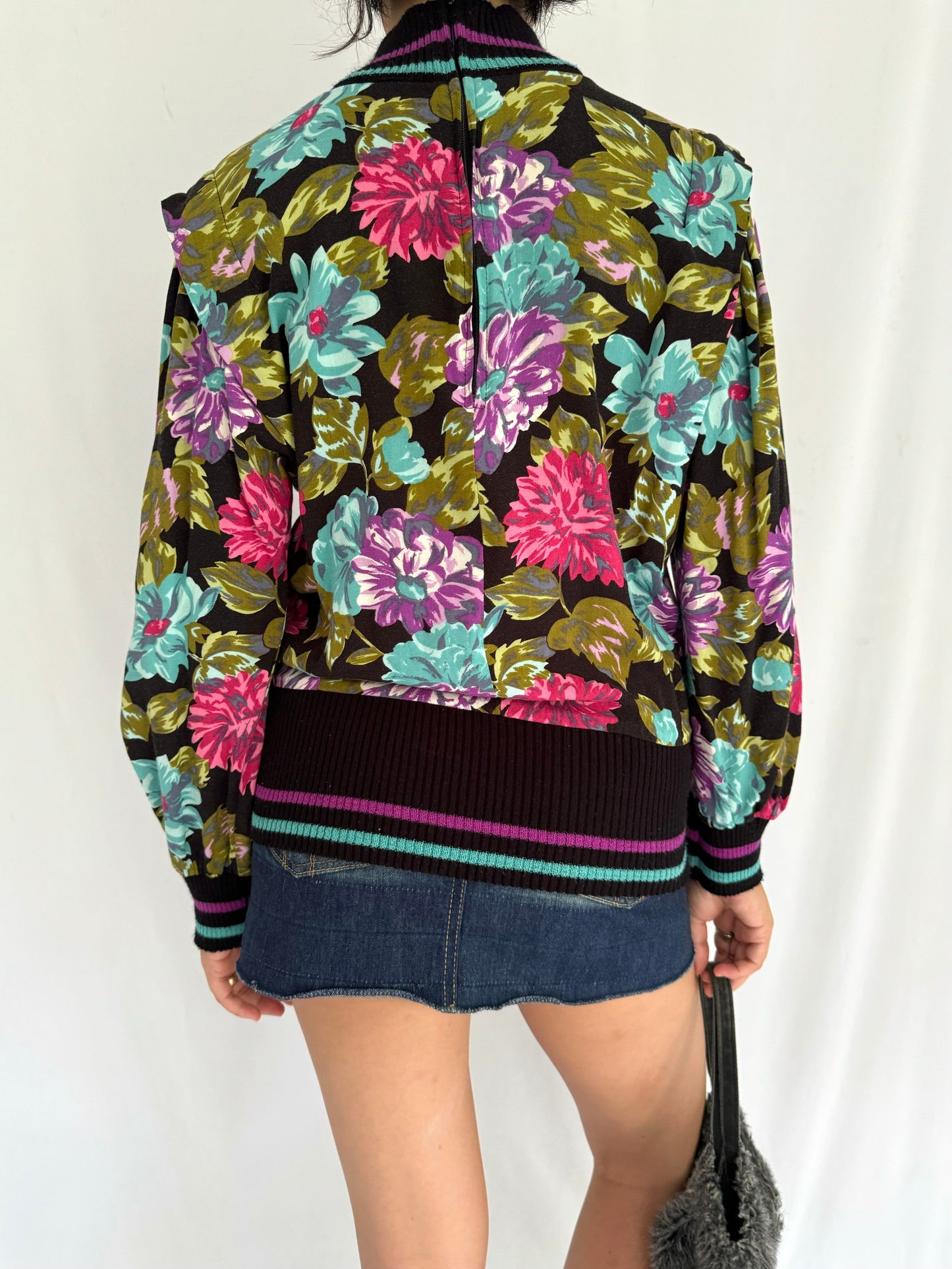 80s vintage multicolor floral striped turtleneck sweater