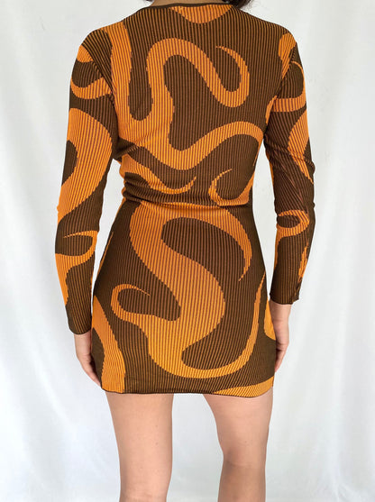 paloma wool orange brown swirl abstract hielo dress – medium | stretchy ribbed bodycon mini dress