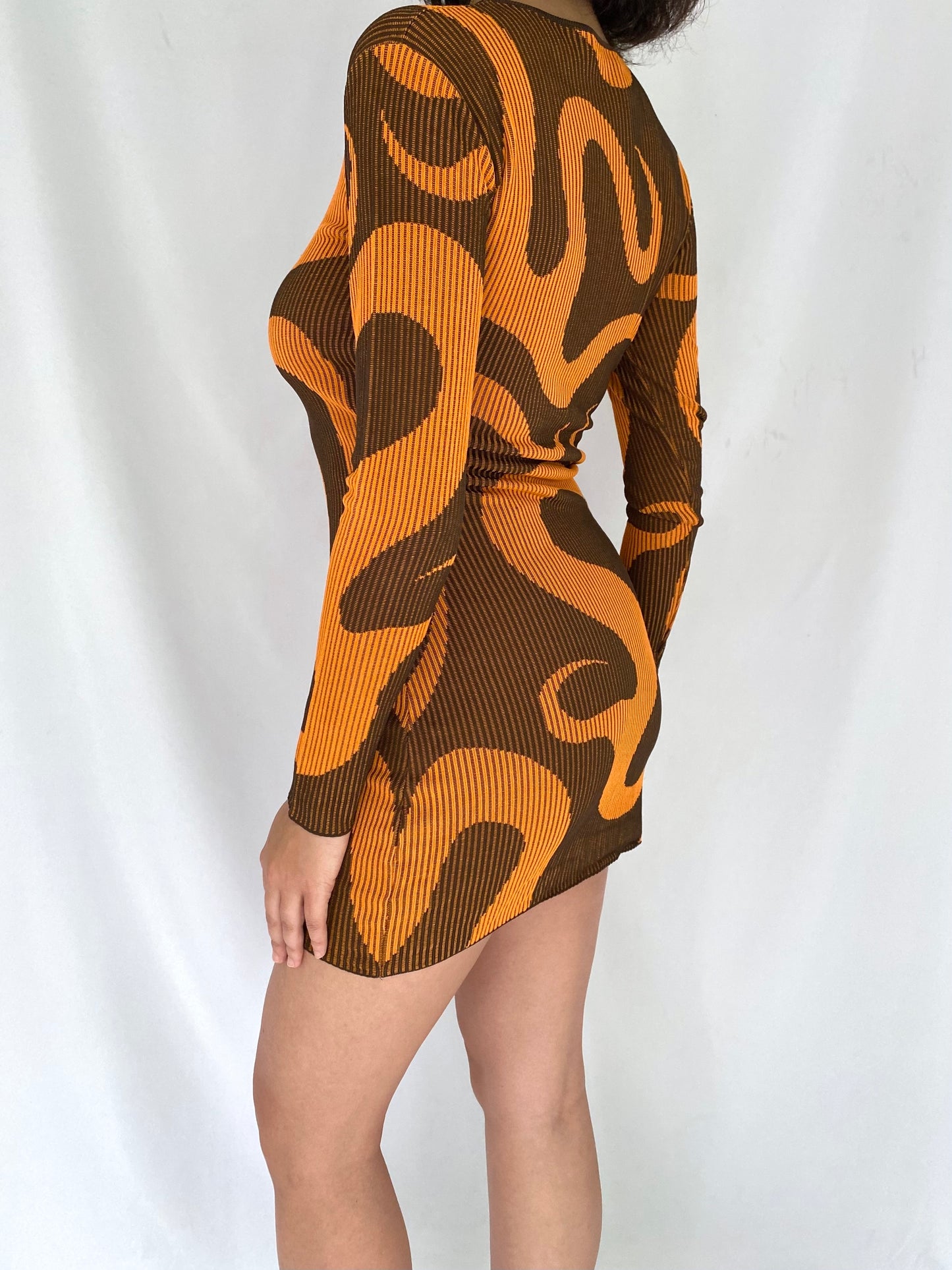 paloma wool orange brown swirl abstract hielo dress – medium | stretchy ribbed bodycon mini dress