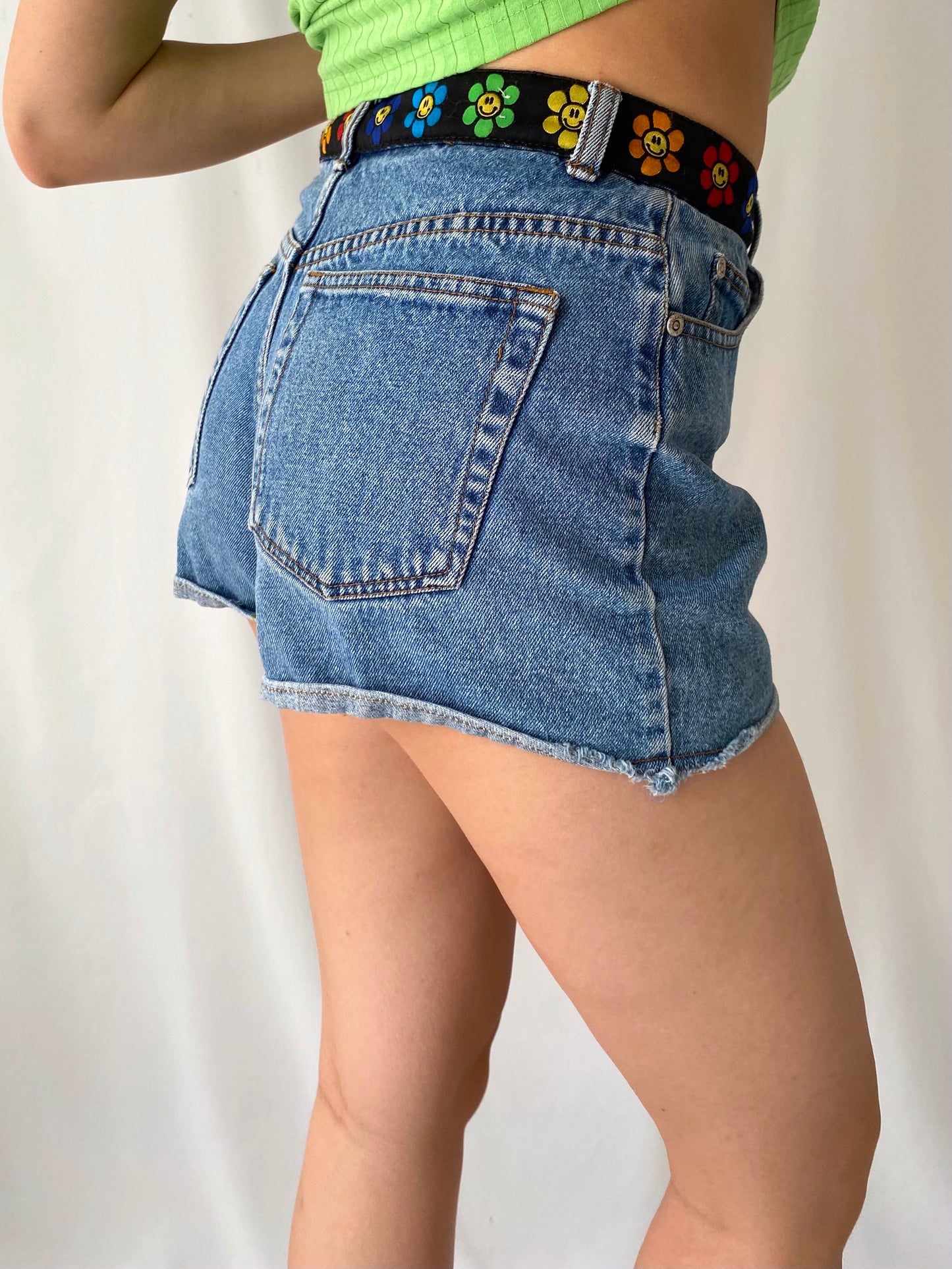 90s vintage rainbow groovy mini blue denim cutoff shorts