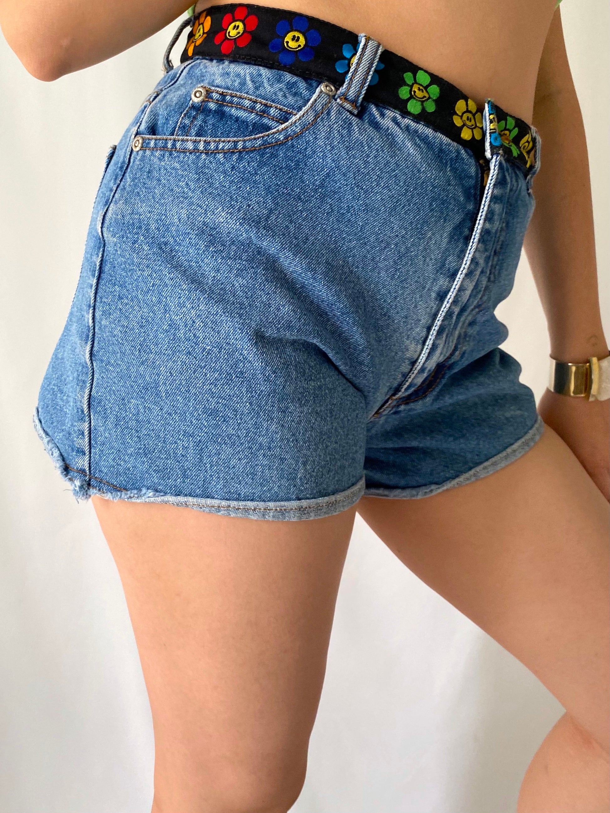 90s vintage rainbow groovy mini blue denim cutoff shorts