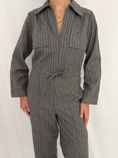 70s vintage grey pinstripe wool long sleeved pant jumpsuit – small, medium | tailored zip up collared one piece pantsuit