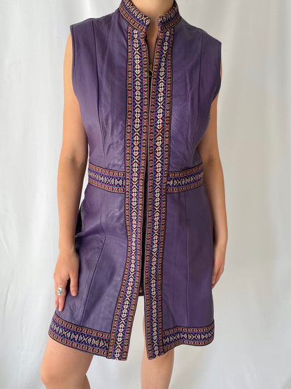 60s vintage purple embroidered leather sleeveless midi dress - medium, large | hippy groovy mod bohemian gogo zipper vest