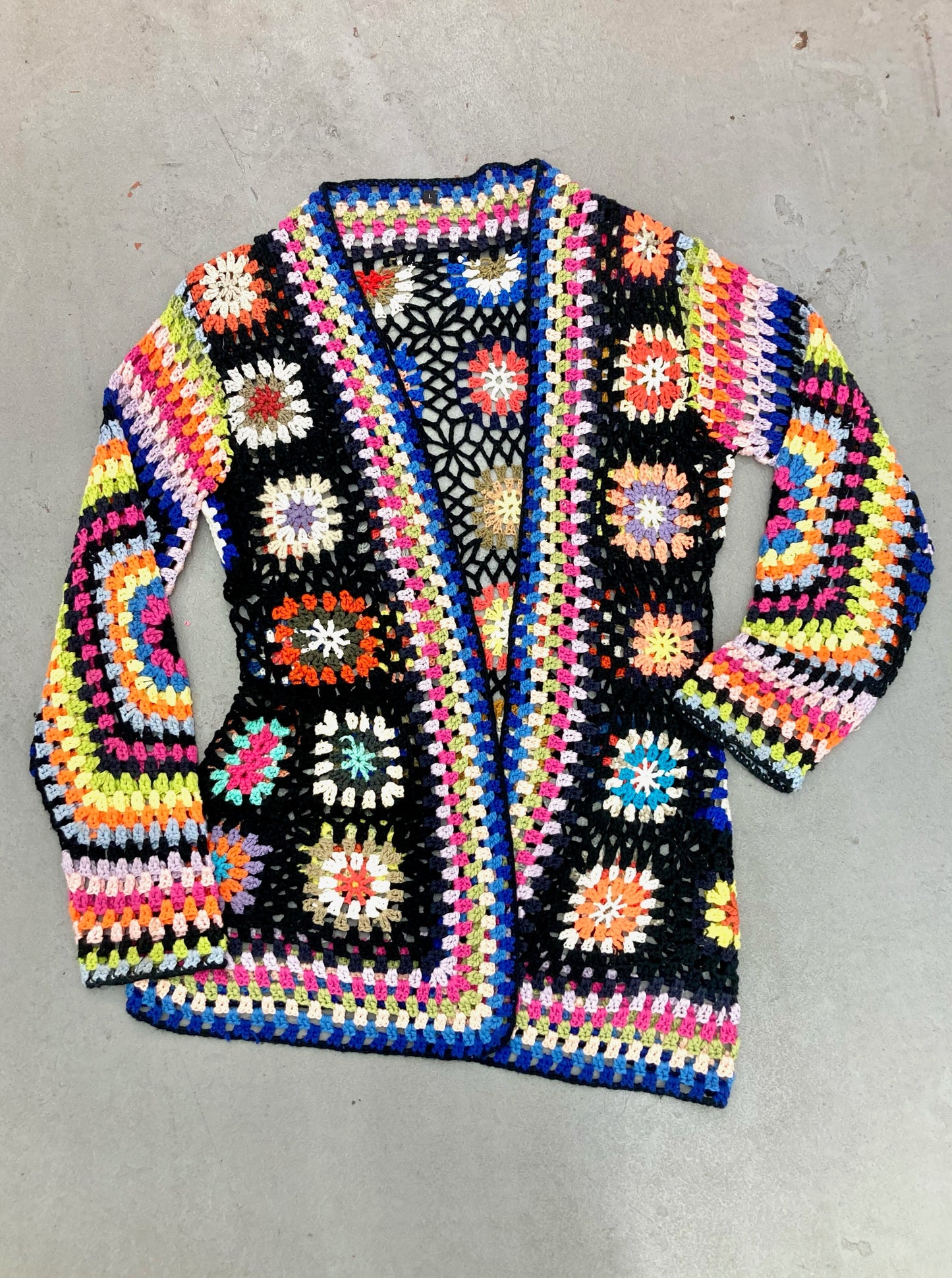 70s vintage rainbow granny square crochet knit cardigan - small | colorful bright summer open front sweater