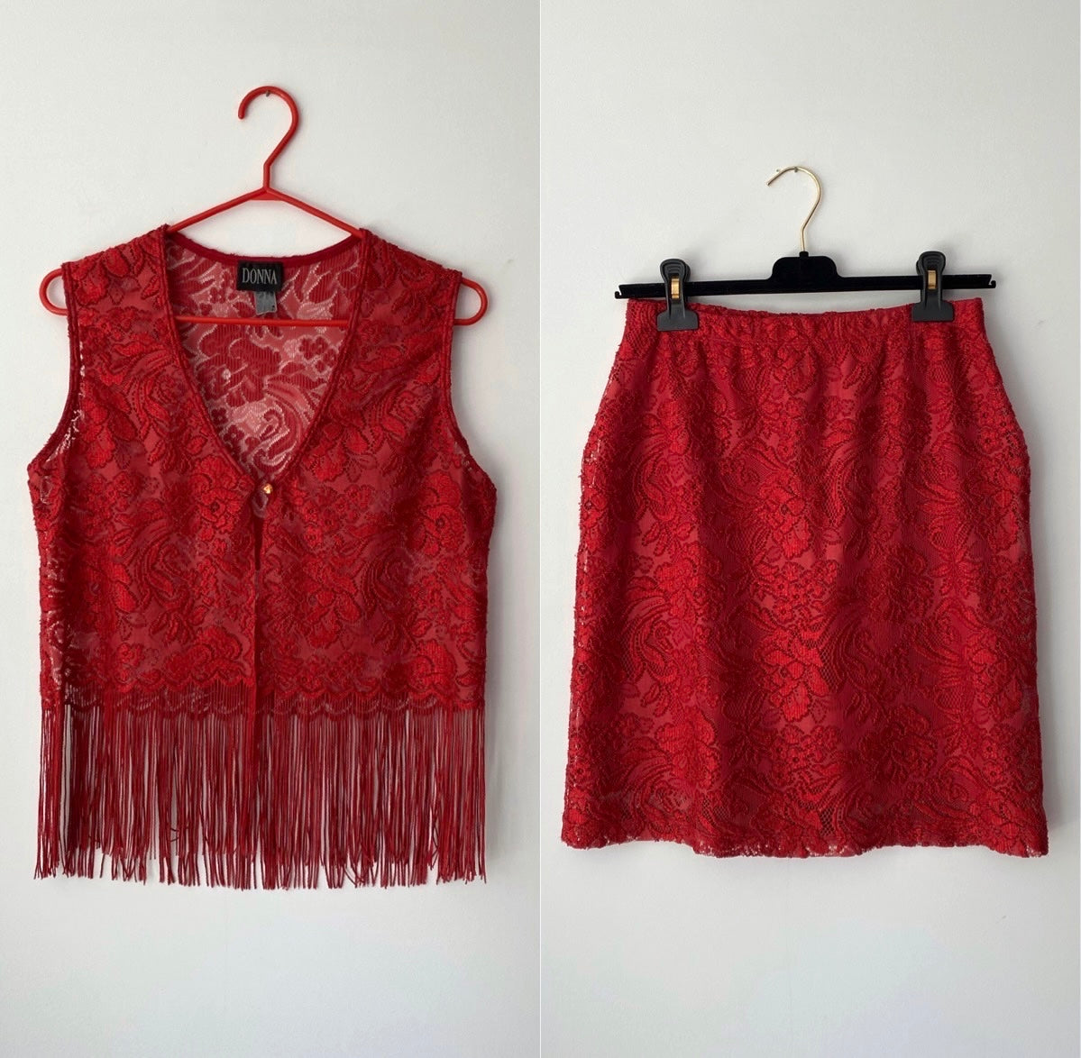 90s vintage red lace fringe vest mini skirt matching set – small, medium | boho western country festival coord set