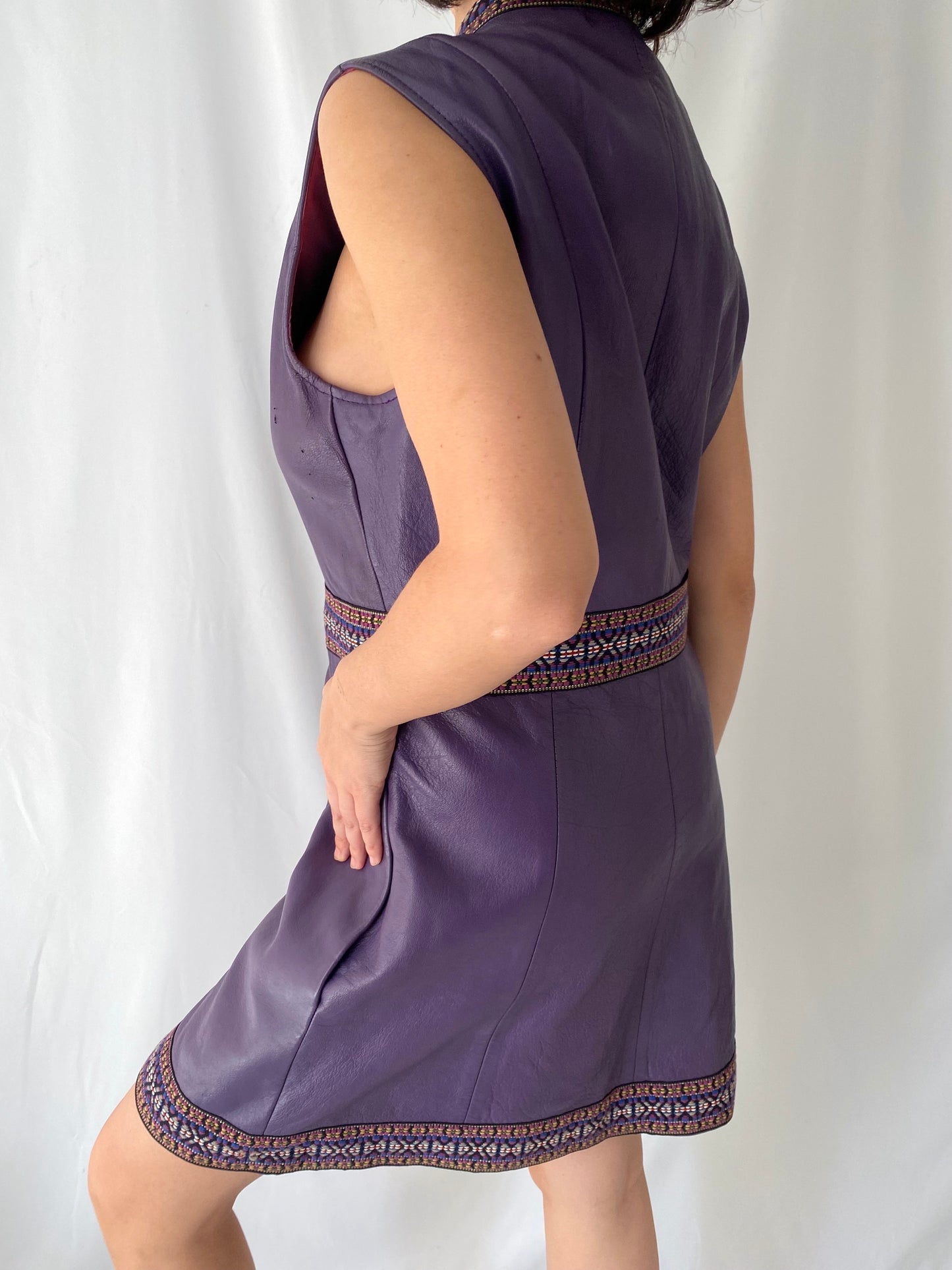 60s vintage purple embroidered leather sleeveless midi dress - medium, large | hippy groovy mod bohemian gogo zipper vest