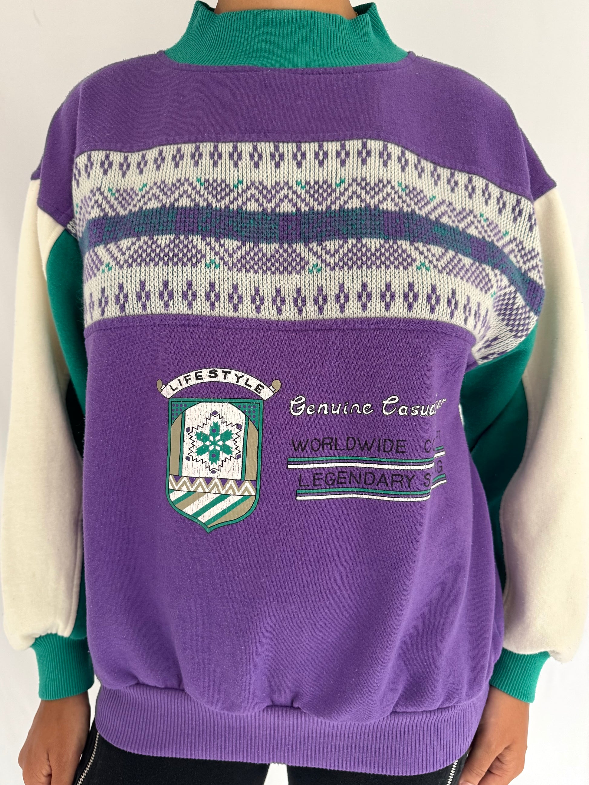 80s vintage multicolor colorblock retro style graphic crewneck pullover sweater