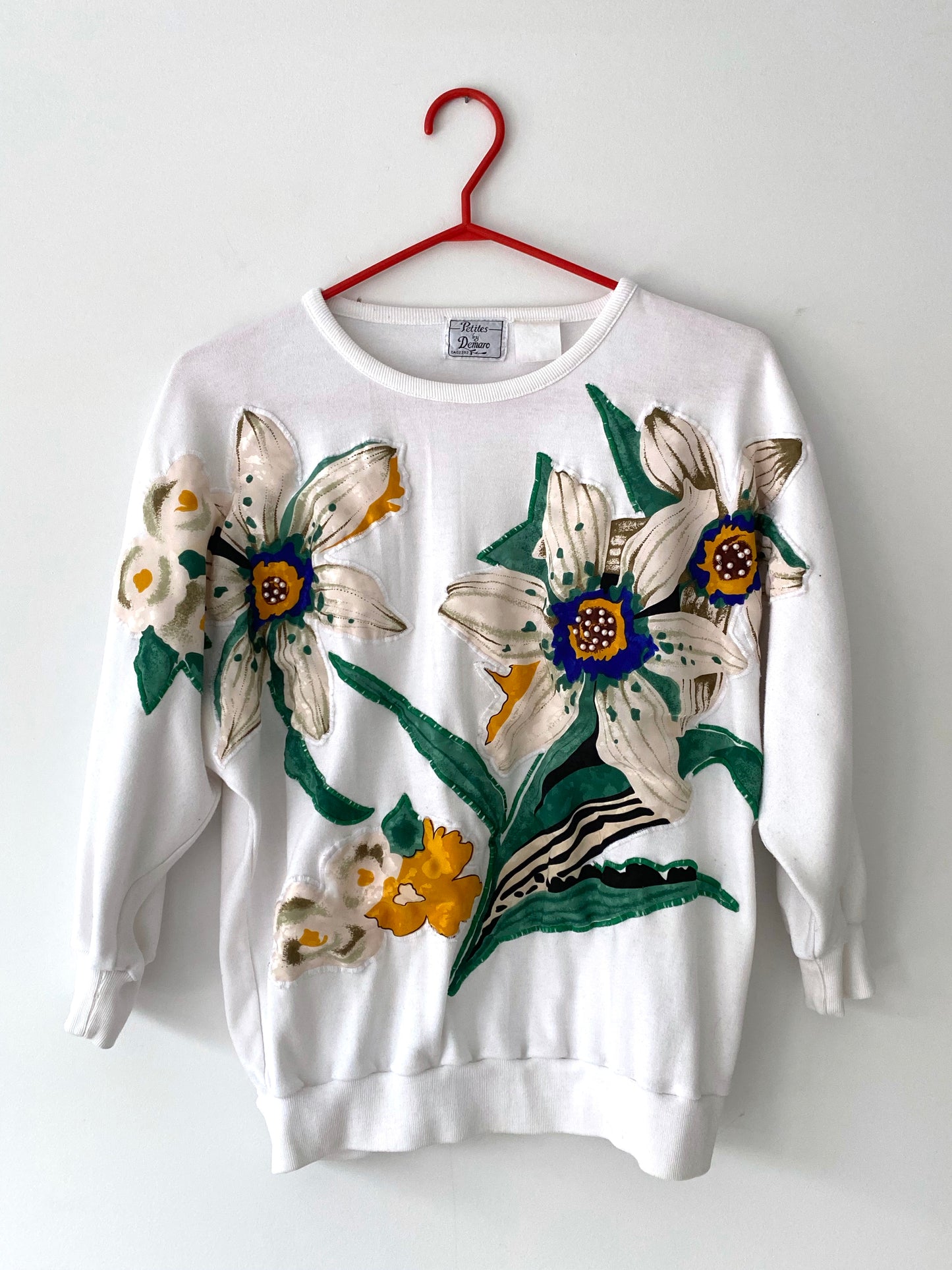 80s vintage white colorful sunflower pullover sweater