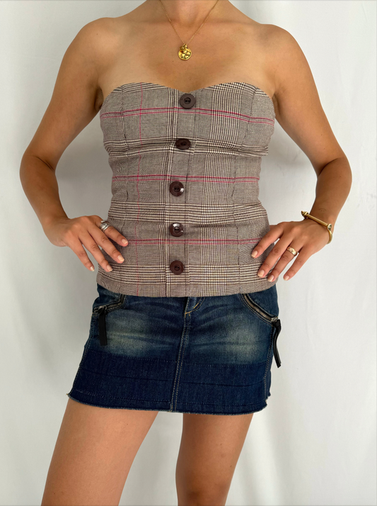 y2k vintage GUESS jeans plaid button up tube top – small | bustier corset strapless mini crop