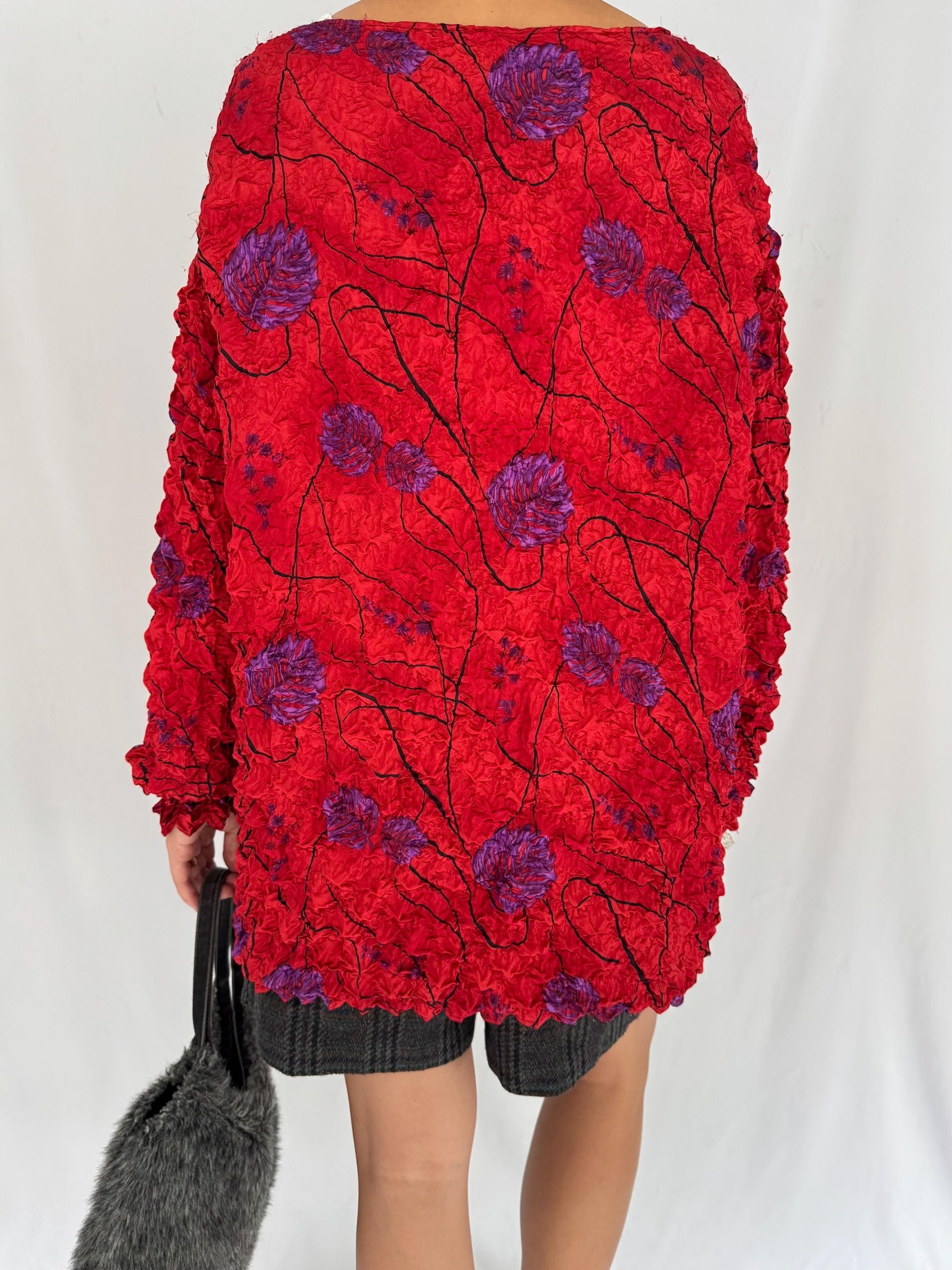 90s vintage red floral print cute ugly popcorn blouse cardigan