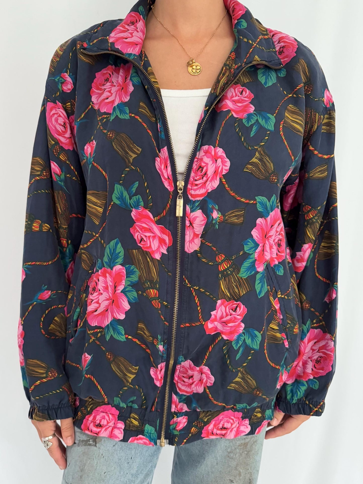 90s vintage multicolor floral rose print pure silk light bomber jacket