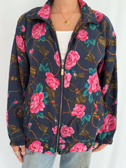 90s vintage multicolor floral rose print pure silk light bomber jacket