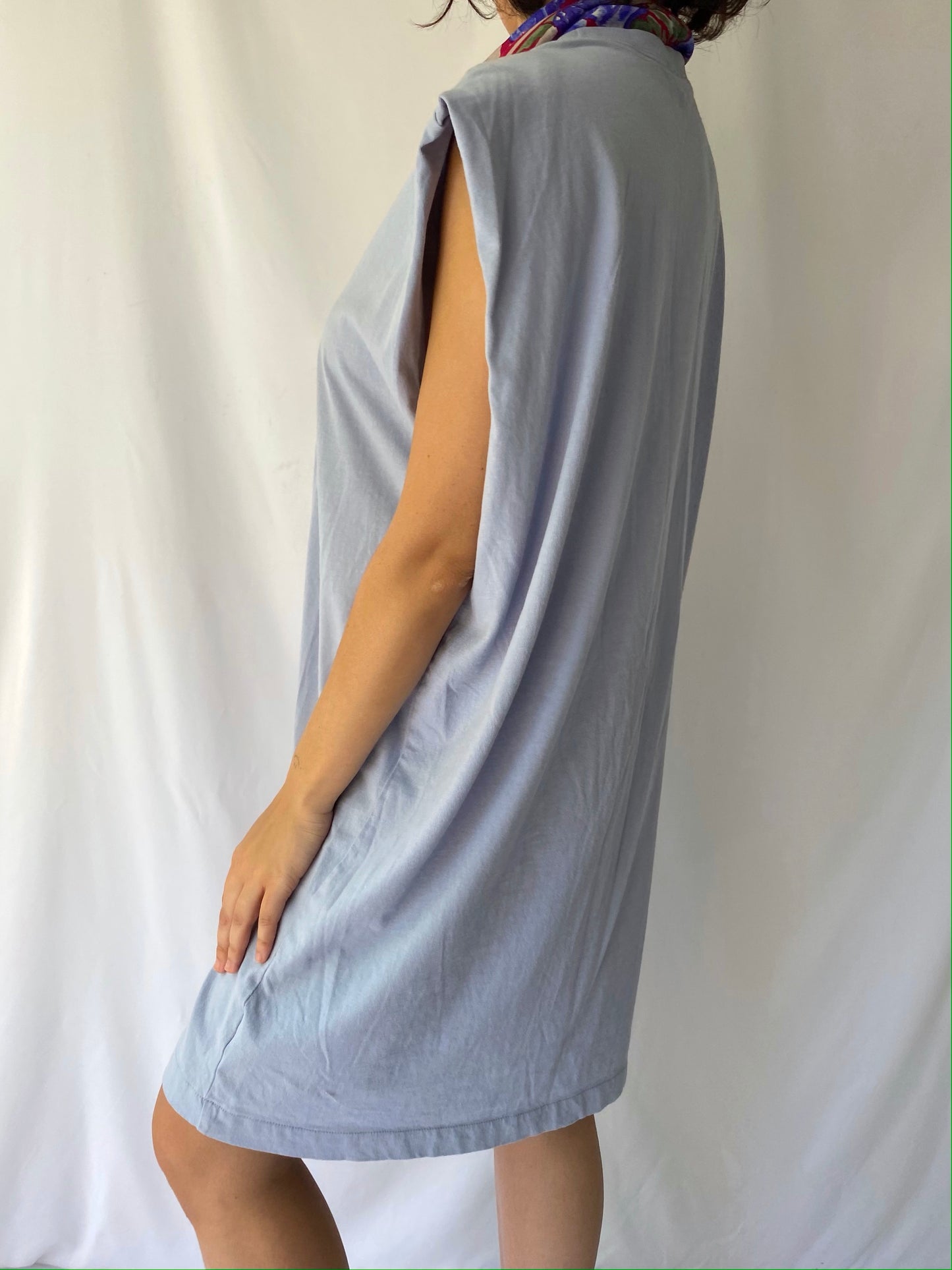 vintage reworked light blue sleeveless midi dress with floral silk scarf tie