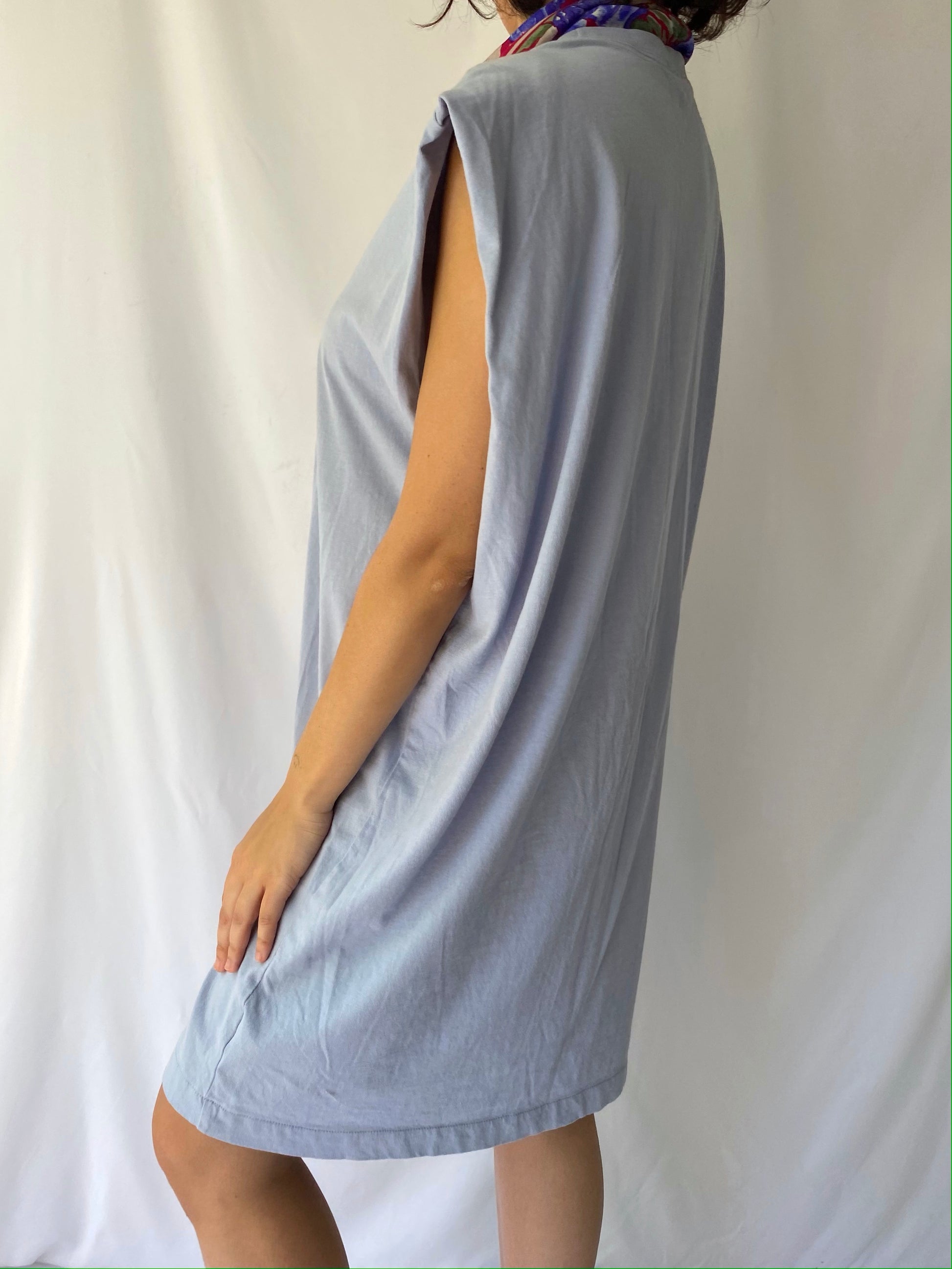 vintage reworked light blue sleeveless midi dress with floral silk scarf tie