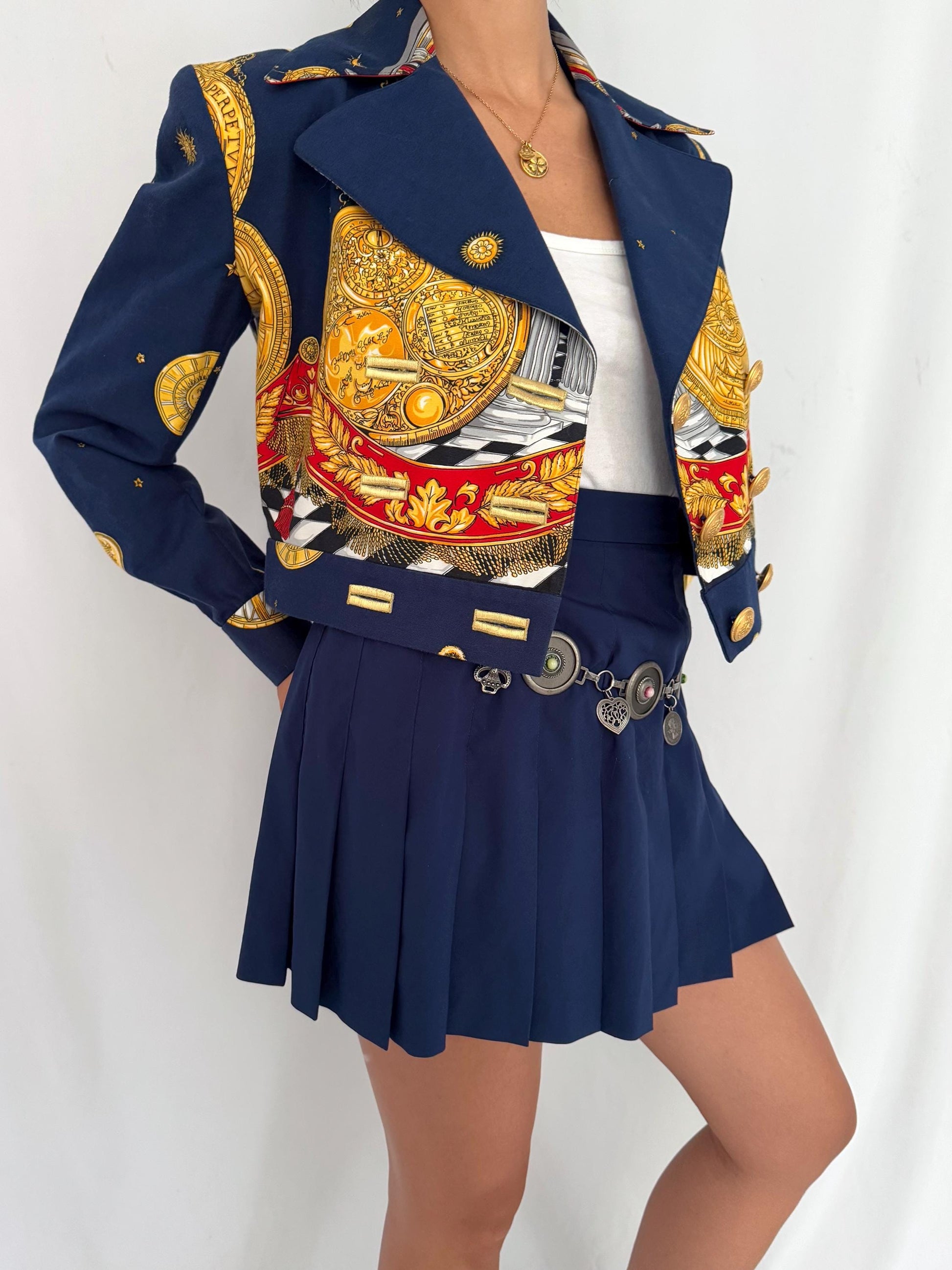 90s vintage multicolor abstract baroque patterned cropped blazer 