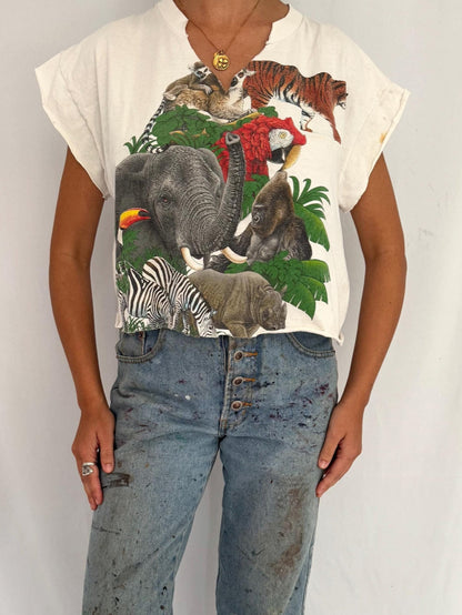90s vintage colorful animal nature faded graphic cropped tee shirt 