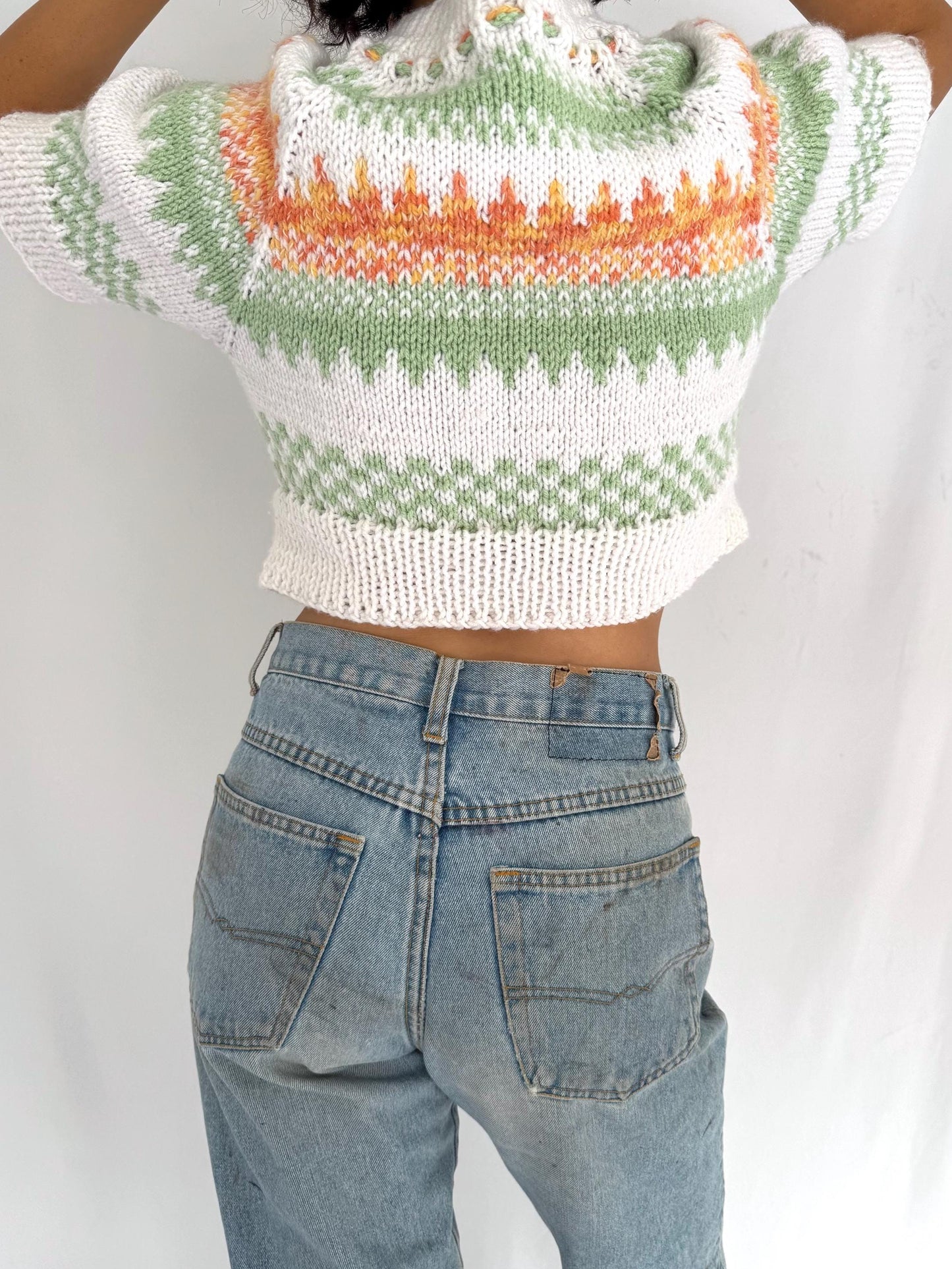vintage multicolor thick hand knit button up cropped cardigan