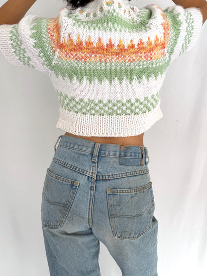 vintage multicolor thick hand knit button up cropped cardigan