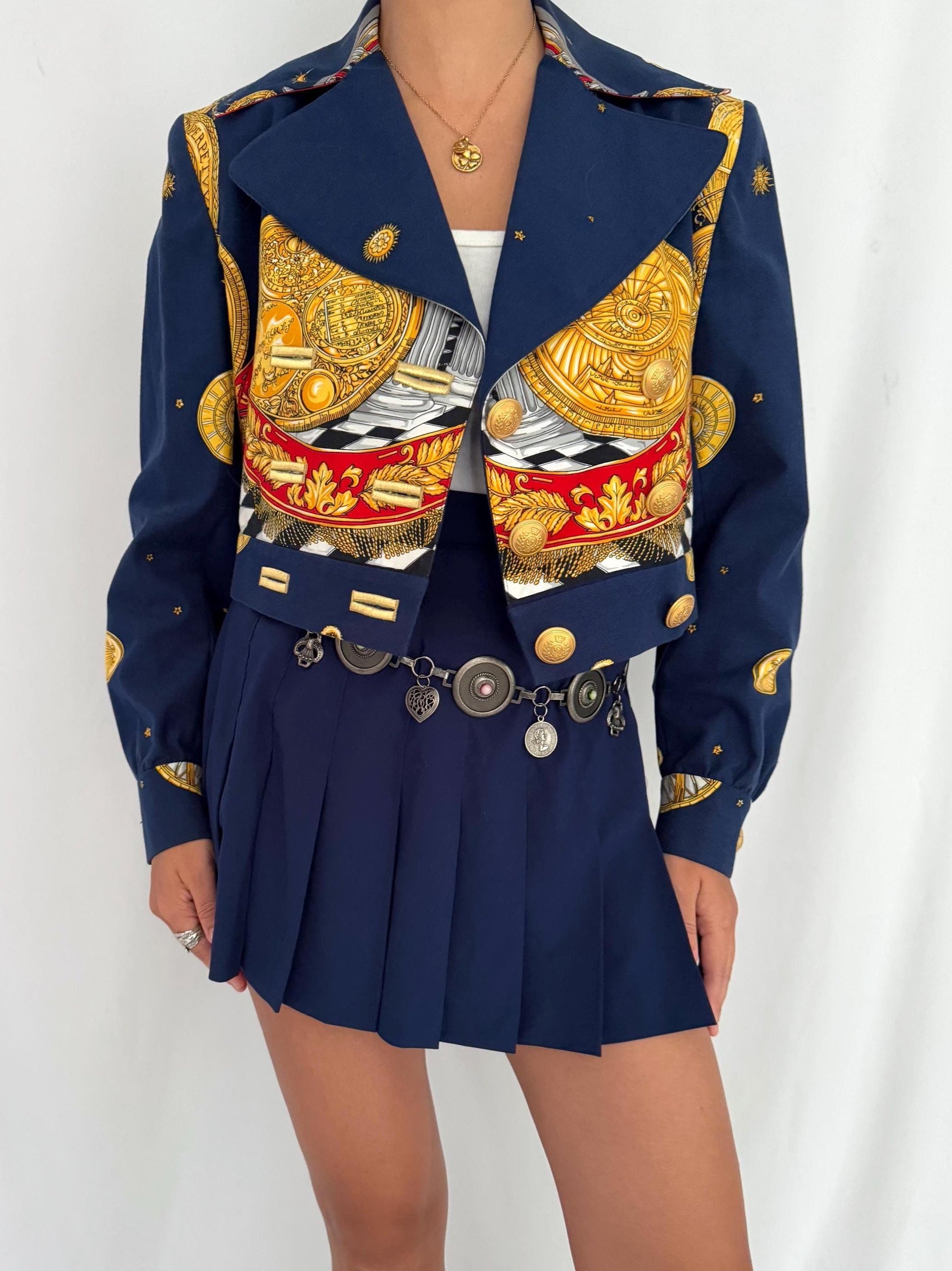 90s vintage multicolor abstract baroque patterned cropped blazer 
