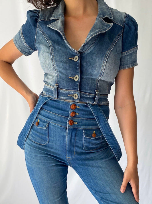 y2k vintage blue denim cropped blazer – extra small, small | guess jeans short sleeved collared jacket