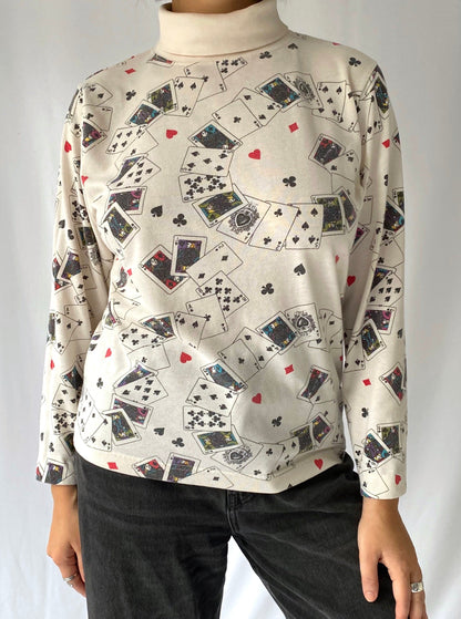 80s vintage playing cards turtleneck pullover sweater – small | novelty casino poker game night sweatshirt