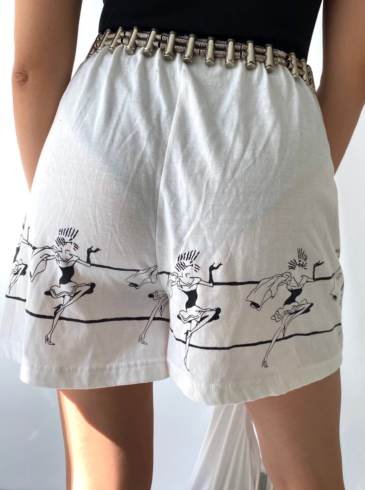 80s vintage white elastic high waist bike shorts – small, medium | novelty exercise retro gym cartoon printed short shorts