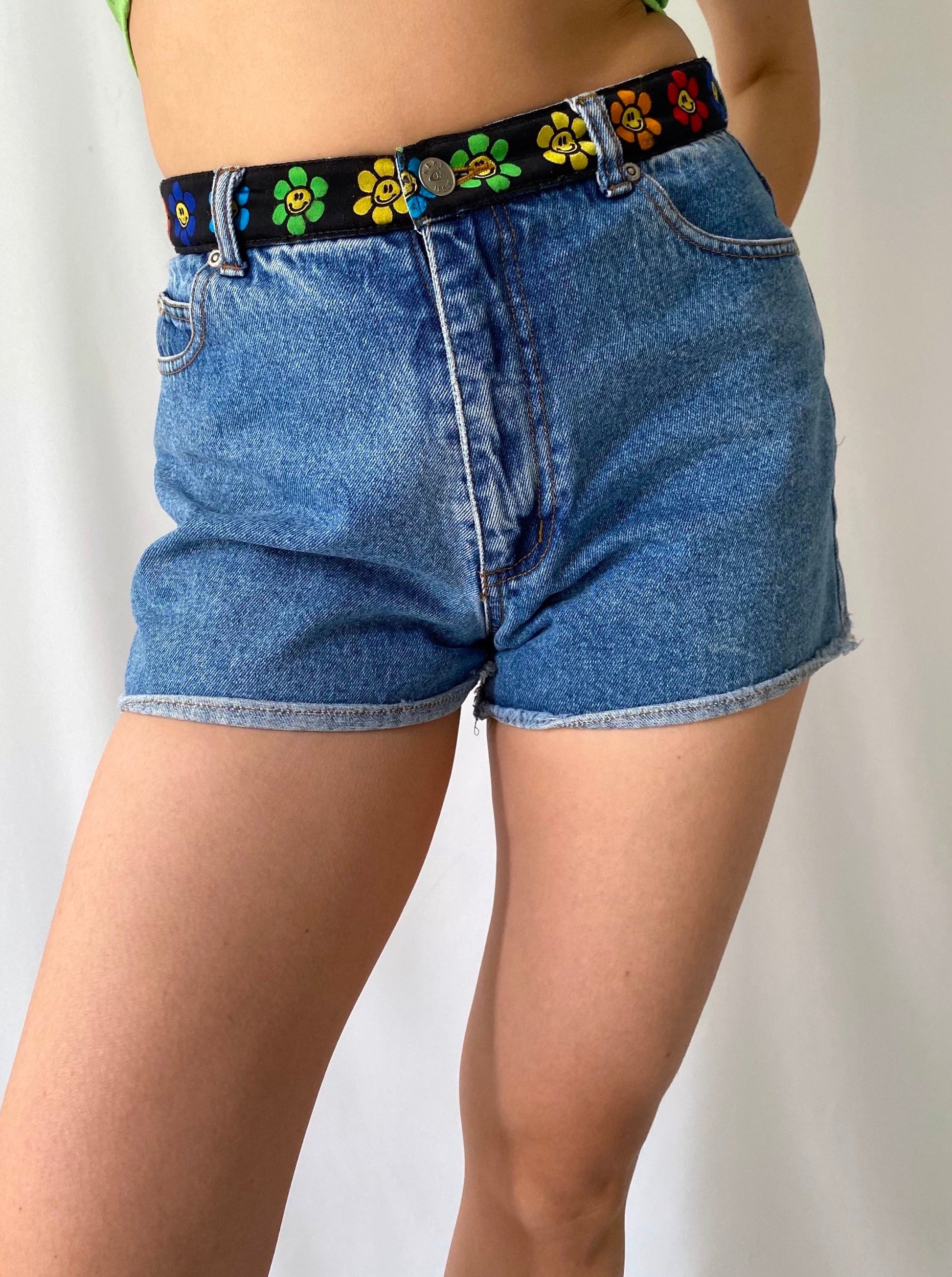 90s vintage rainbow groovy mini blue denim cutoff shorts