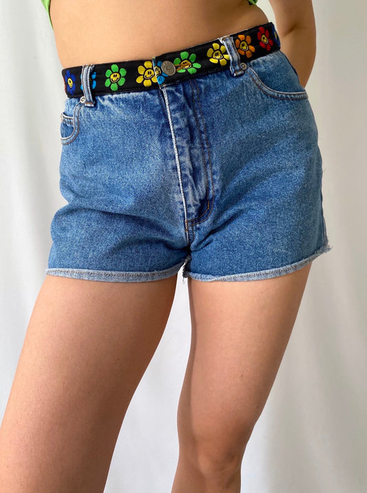 90s vintage rainbow groovy mini blue denim cutoff shorts – small | hippy flower power retro high waist short jeans