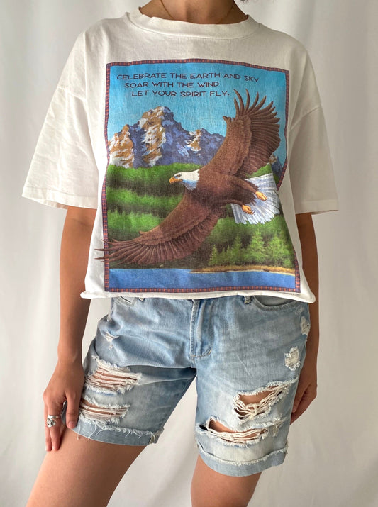 90s vintage white flying eagle cropped tee shirt – medium, large | nature animal cotton crop top