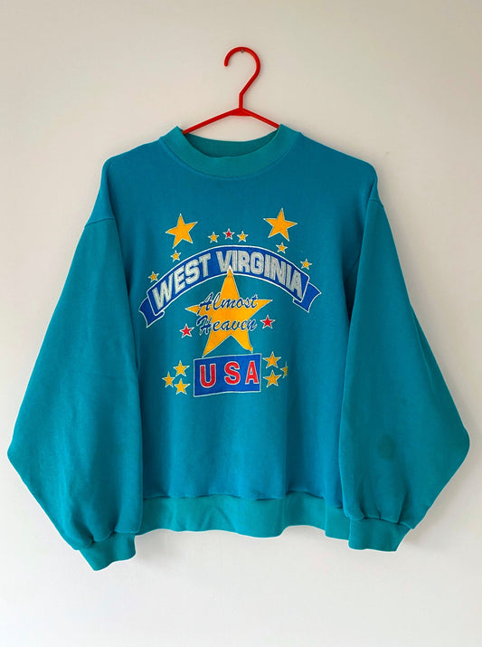 80s vintage turquoise blue west virginia USA pullover sweater – medium | bright graphic varsity crewneck sweatshirt