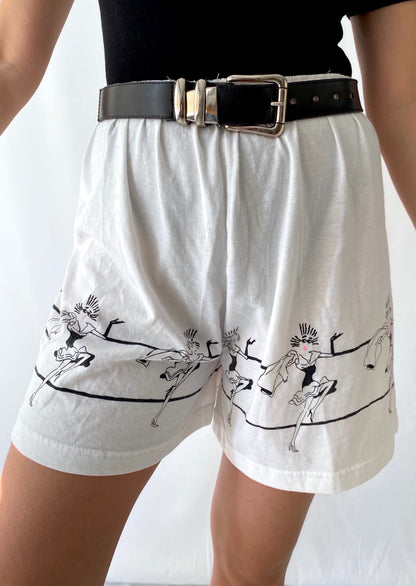 80s vintage white elastic high waist bike shorts – small, medium | novelty exercise retro gym cartoon printed short shorts