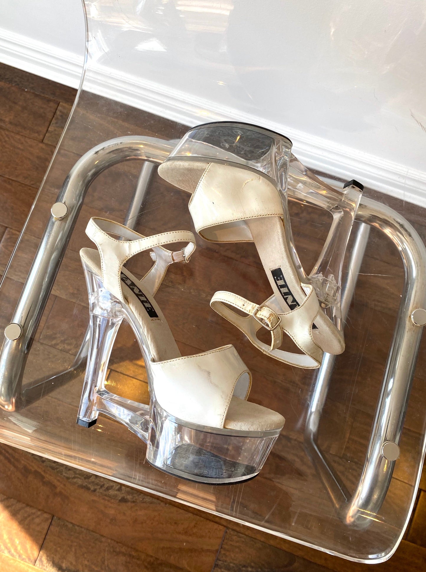 90s vintage white transparent ultra high platform high heels - womens US 7 | disco party costume open peep toe retro 6" stiletto pumps