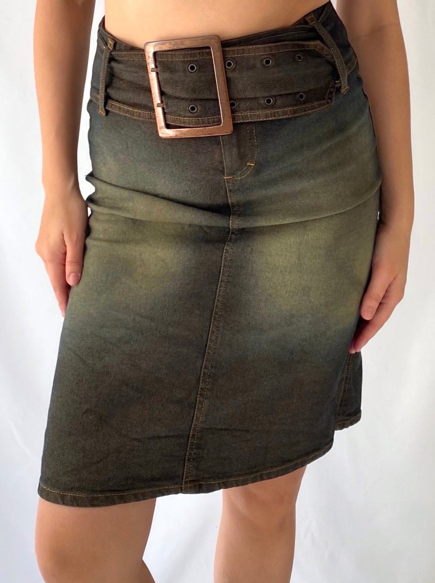 y2k vintage blue brown faded denim midi skirt with buckle belt – small, medium | edgy grunge Paris made in France wiggle pencil skirt