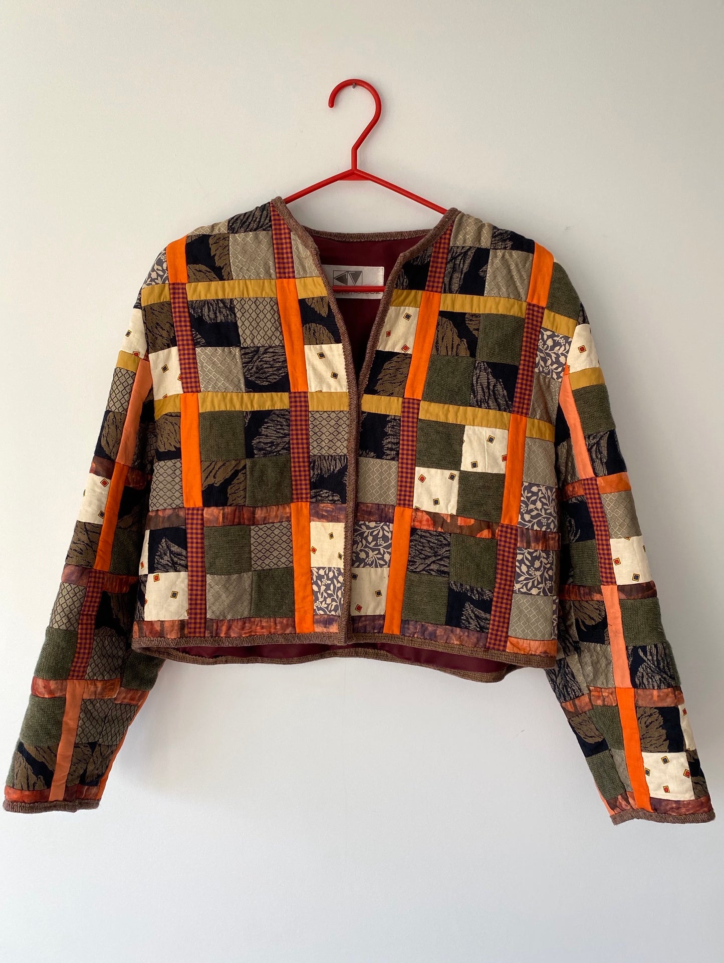 vintage brown orange quilted patchwork cropped jacket 