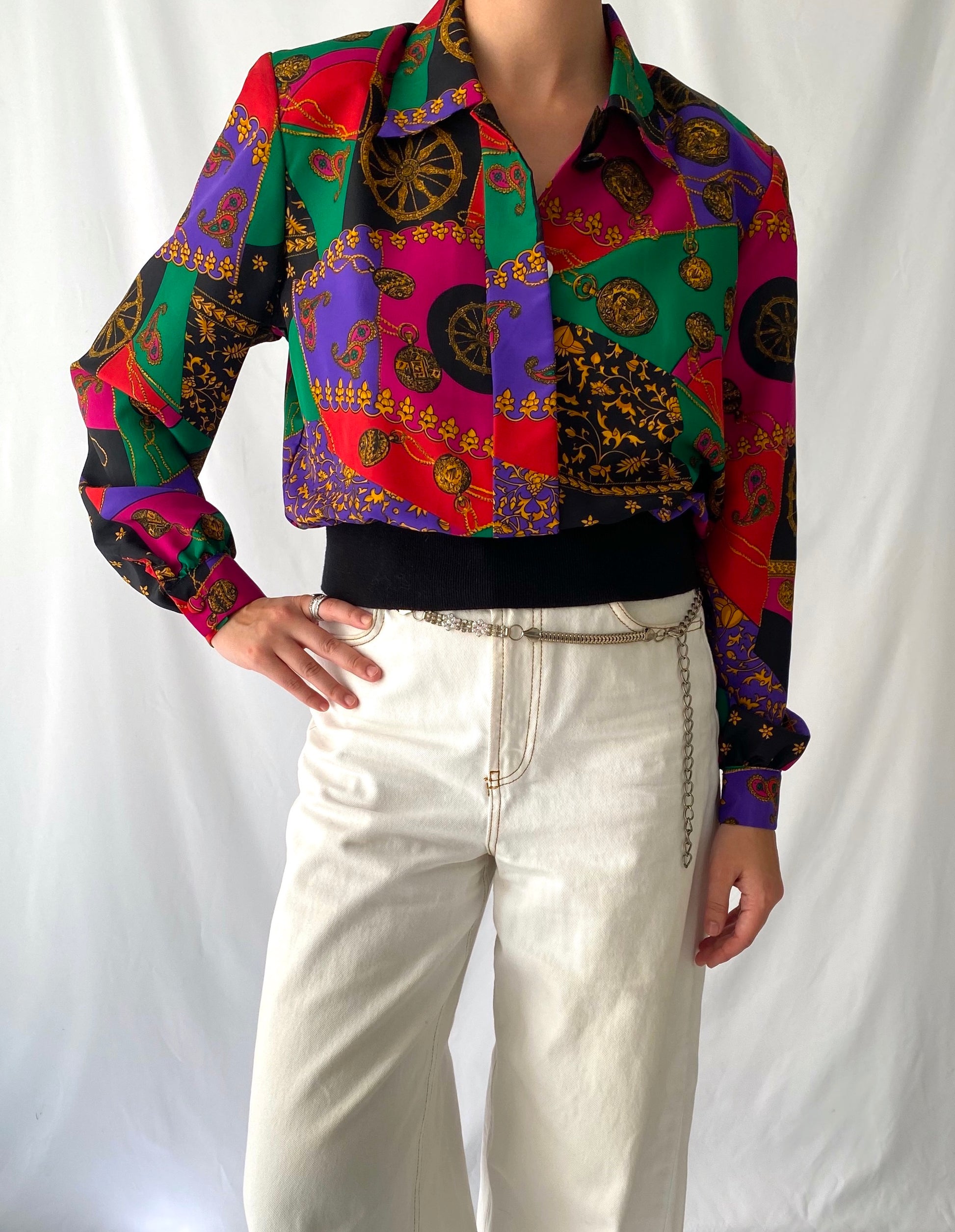 80s vintage colorful abstract cropped button up blouse