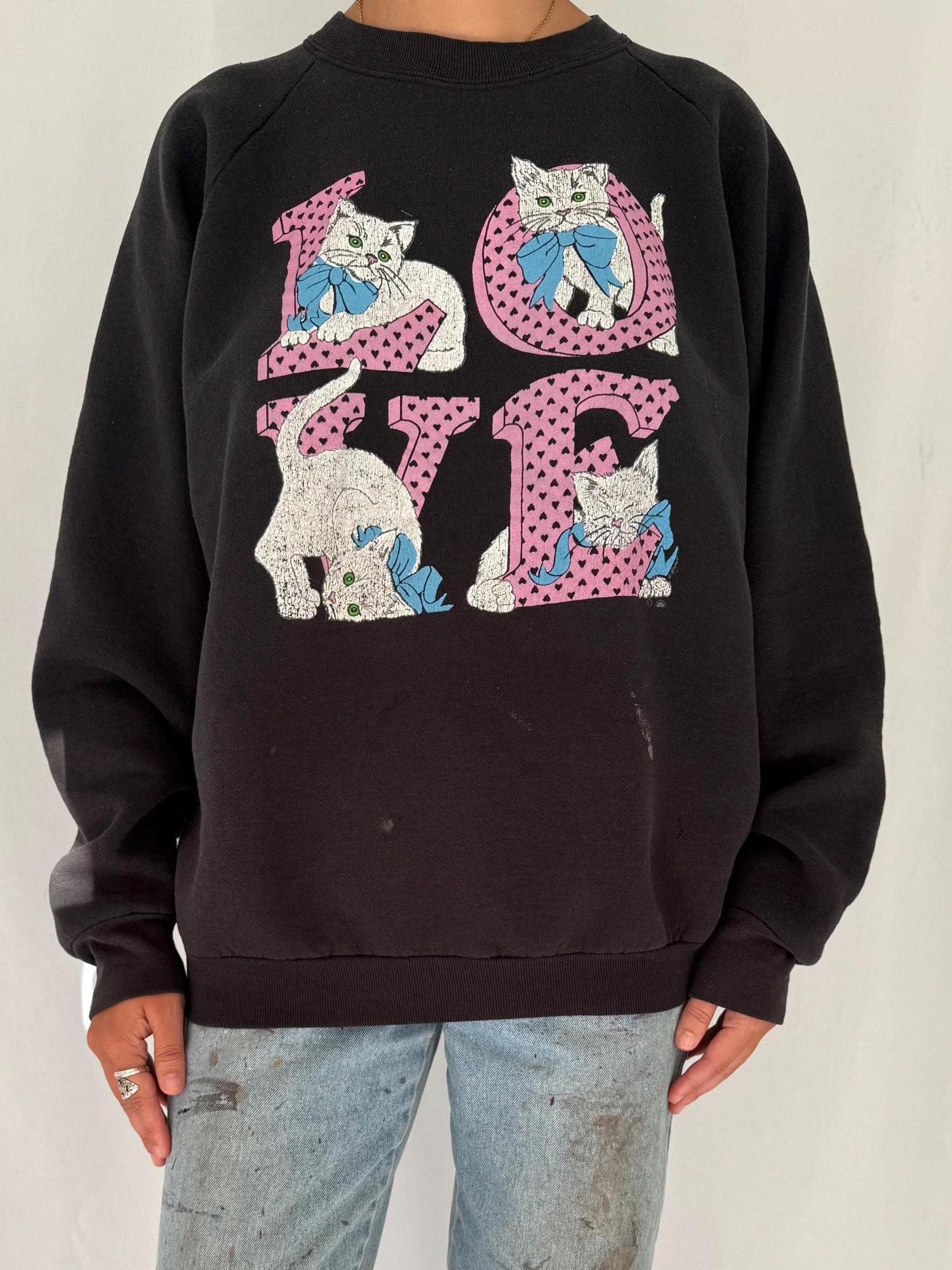 90s vintage black kittens cats LOVE graphic pullover sweatshirt 