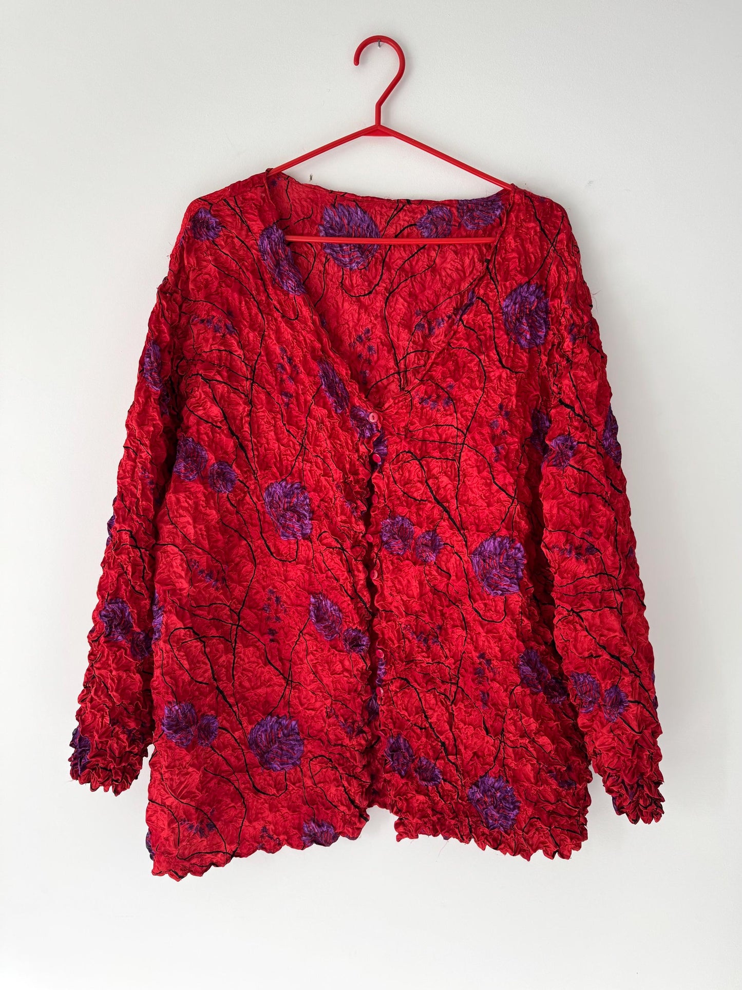 90s vintage red floral print cute ugly popcorn blouse cardigan