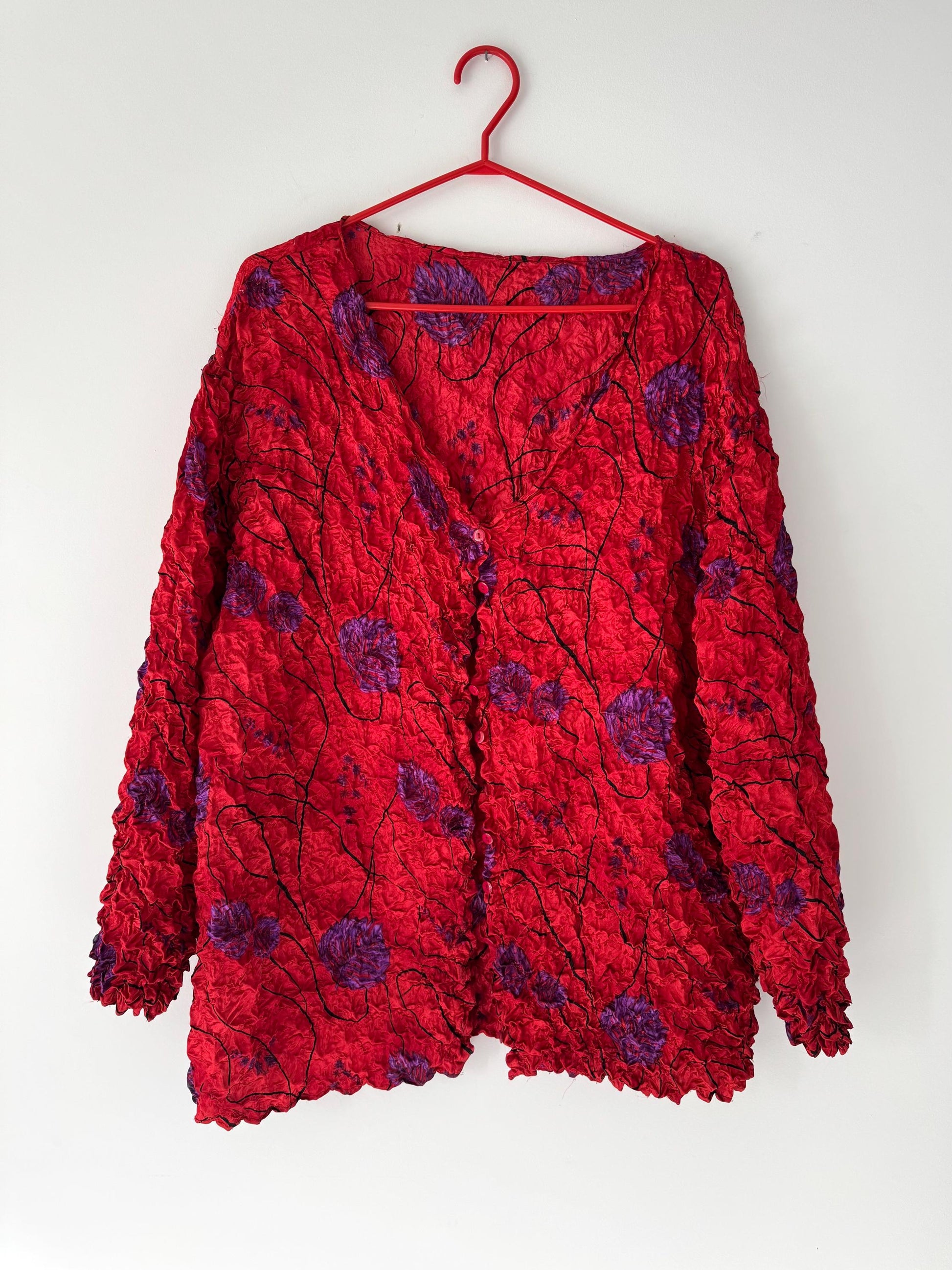 90s vintage red floral print cute ugly popcorn blouse cardigan