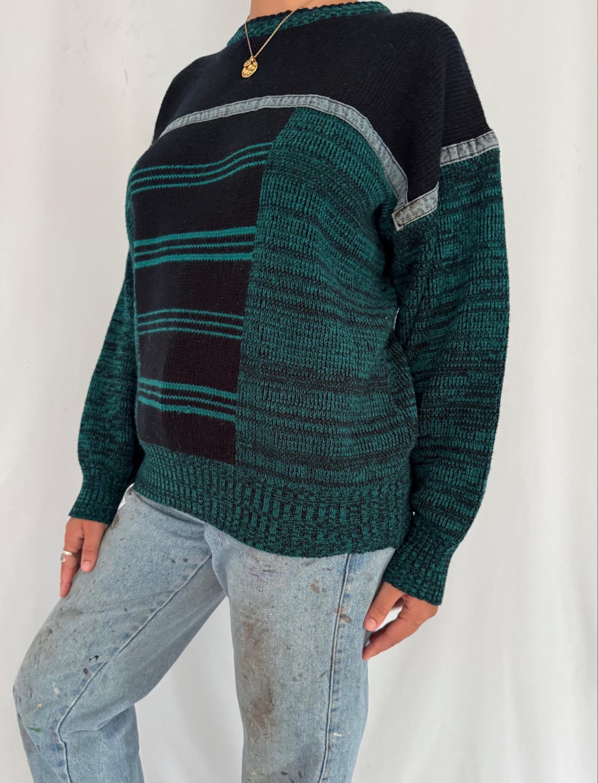 90s vintage green striped eclectic grandpa knit sweater